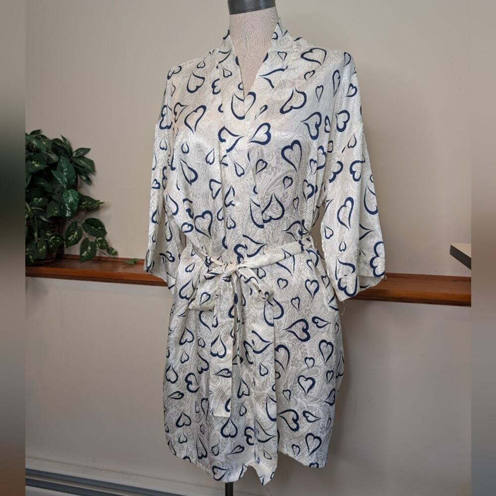 Vintage Heart Print Satin Kimono Robe Womens Tie Waist Blue Hearts Paisley